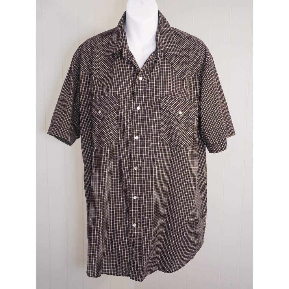 Plains Size M Brown Plaid Short Sleeve Pearl Snap Western Shirt